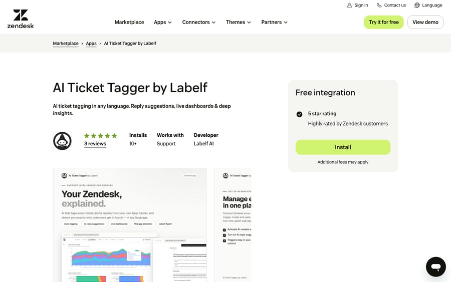AI Ticket Tagger by Labelf's listing on the Zendesk Marketplace, captured October 29, 2026