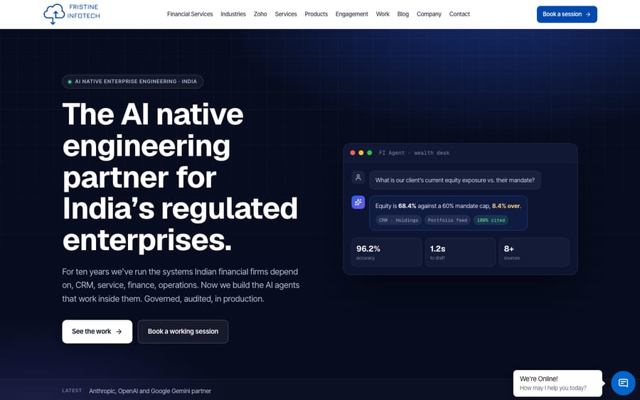 Fristine Infotech's homepage, captured October 29, 2026