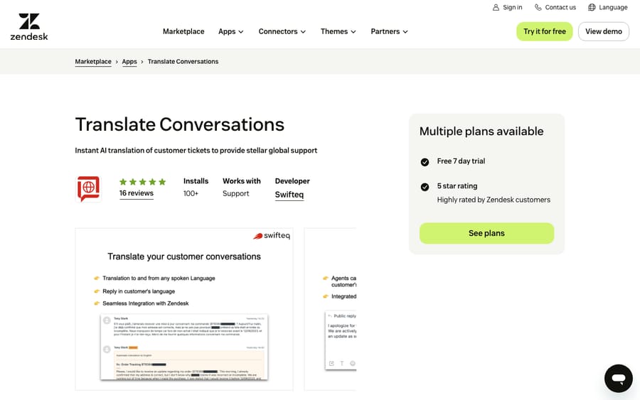 Translate Conversations' listing on the Zendesk Marketplace, captured October 29, 2026