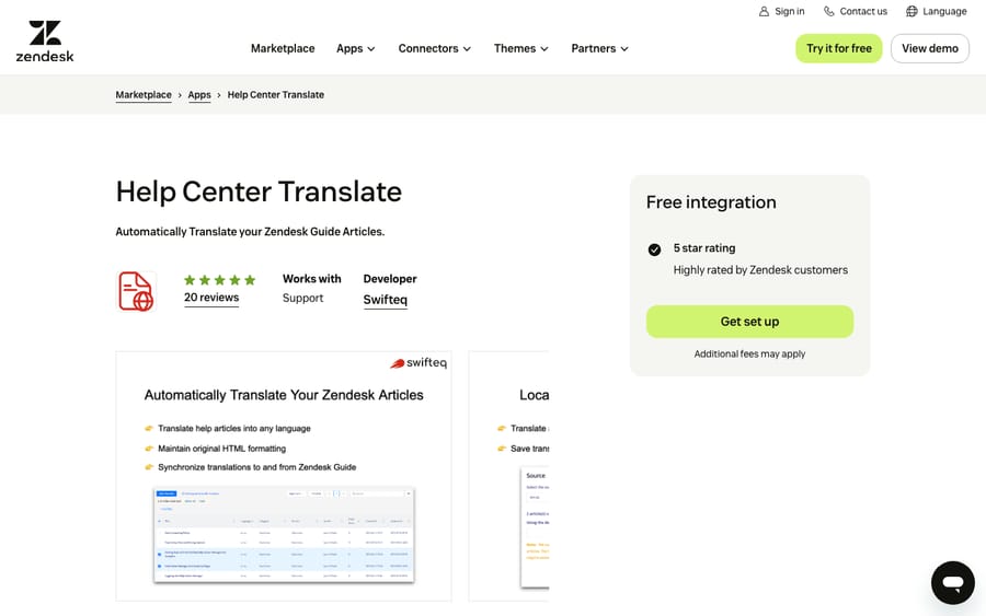 Help Center Translate's listing on the Zendesk Marketplace, captured October 29, 2026