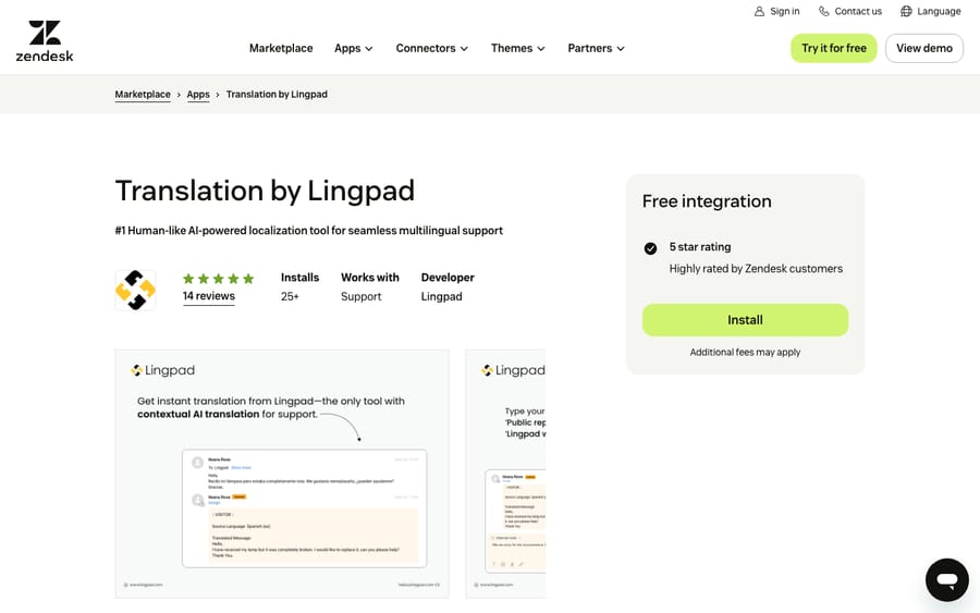 Translation by Lingpad's listing on the Zendesk Marketplace, captured October 29, 2026