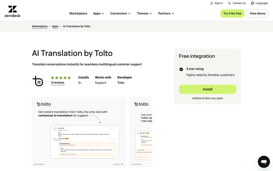 AI Translation by Tolto's listing on the Zendesk Marketplace, captured October 29, 2026