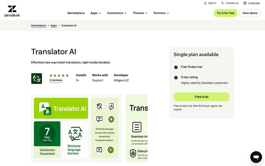 Translator AI's listing on the Zendesk Marketplace, captured October 29, 2026