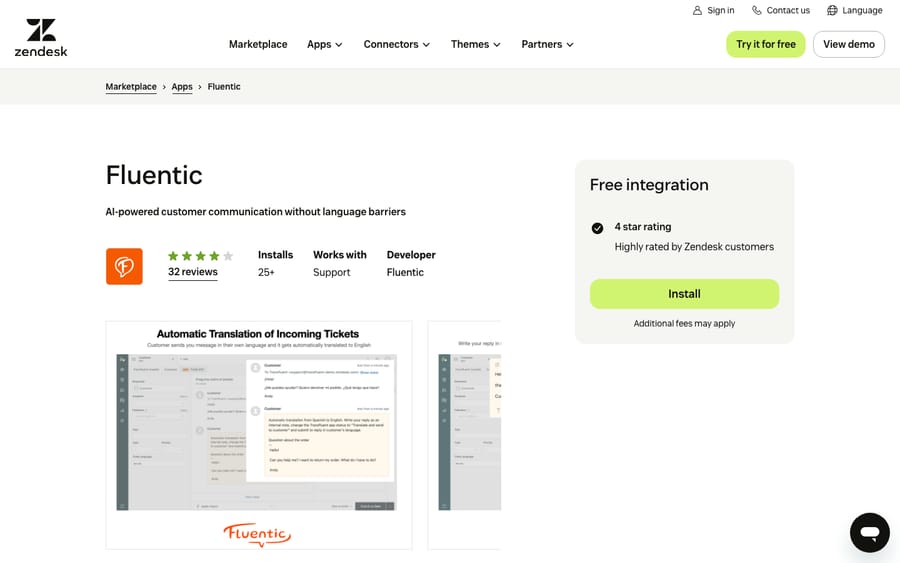 Fluentic's listing on the Zendesk Marketplace, captured October 29, 2026
