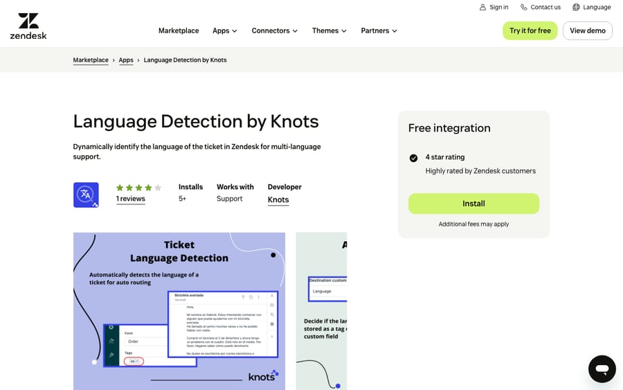 Language Detection by Knots' listing on the Zendesk Marketplace, captured October 29, 2026
