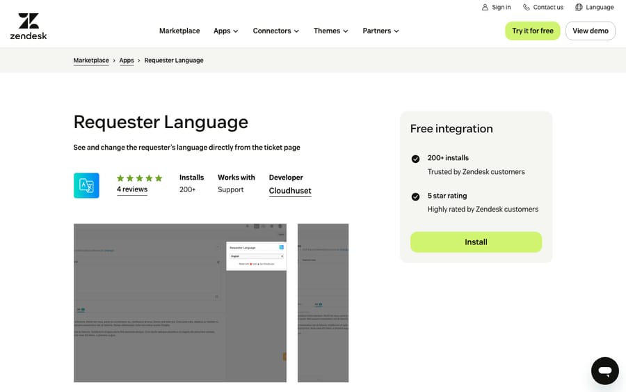 Requester Language's listing on the Zendesk Marketplace, captured October 29, 2026