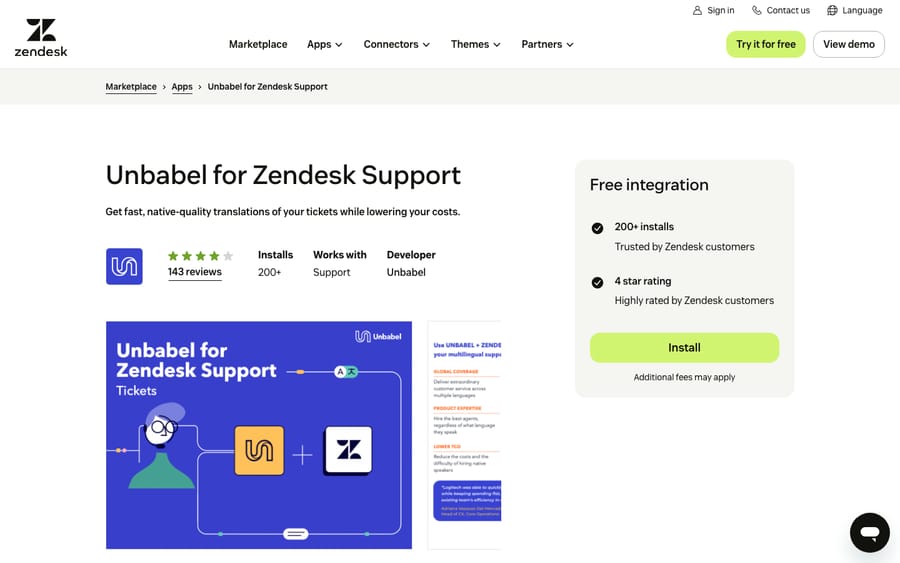 Unbabel for Zendesk Support's listing on the Zendesk Marketplace, captured October 29, 2026