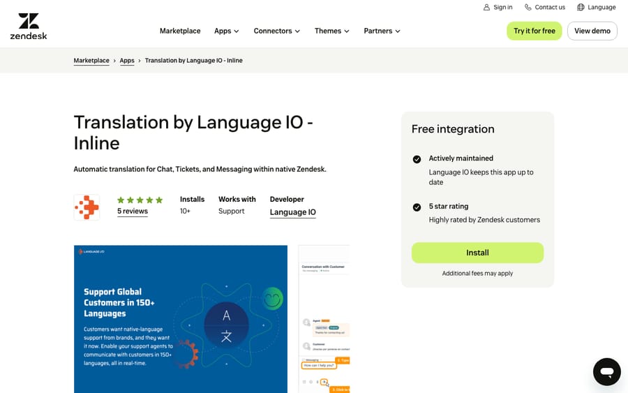 Translation by Language IO - Inline's listing on the Zendesk Marketplace, captured October 29, 2026