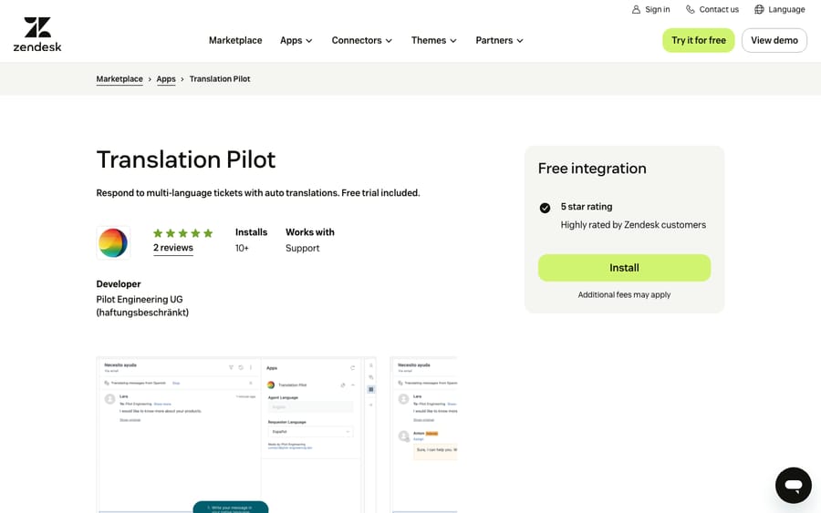 Translation Pilot's listing on the Zendesk Marketplace, captured October 29, 2026