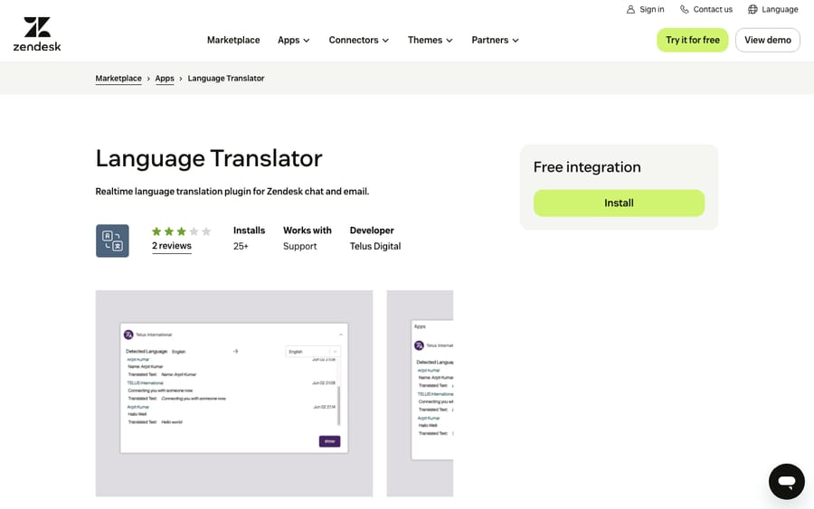 Language Translator's listing on the Zendesk Marketplace, captured October 29, 2026