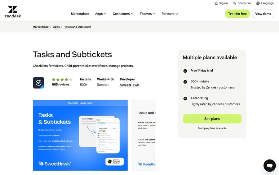 Tasks and Subtickets' listing on the Zendesk Marketplace, captured October 29, 2026