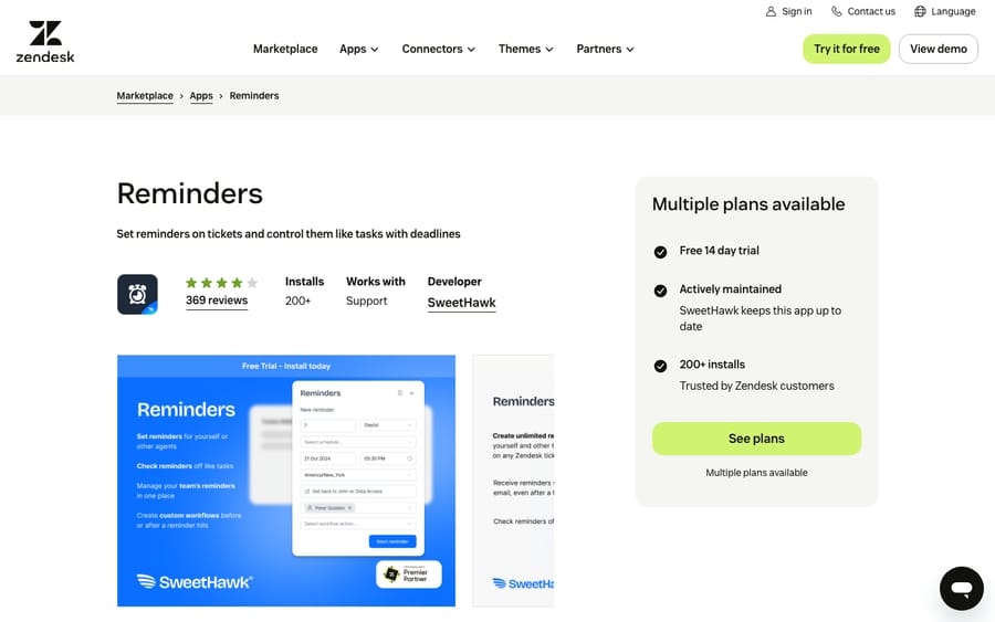 Reminders' listing on the Zendesk Marketplace, captured October 29, 2026