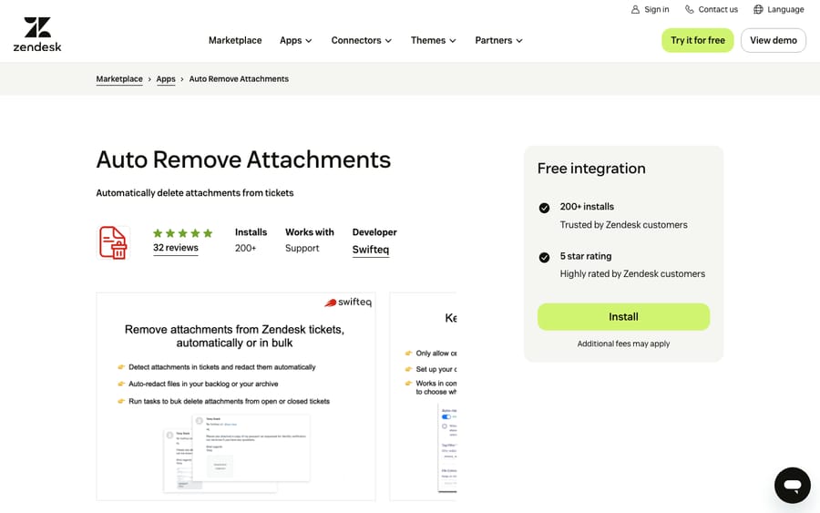Auto Remove Attachments' listing on the Zendesk Marketplace, captured October 29, 2026