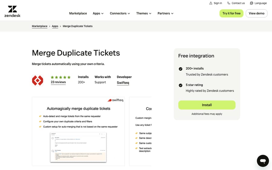 Merge Duplicate Tickets' listing on the Zendesk Marketplace, captured October 29, 2026