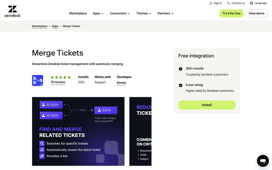 Merge Tickets' listing on the Zendesk Marketplace, captured October 29, 2026