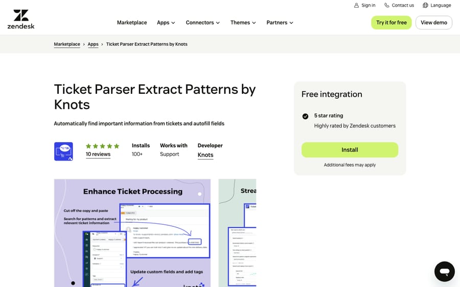 Ticket Parser Extract Patterns by Knots' listing on the Zendesk Marketplace, captured October 29, 2026