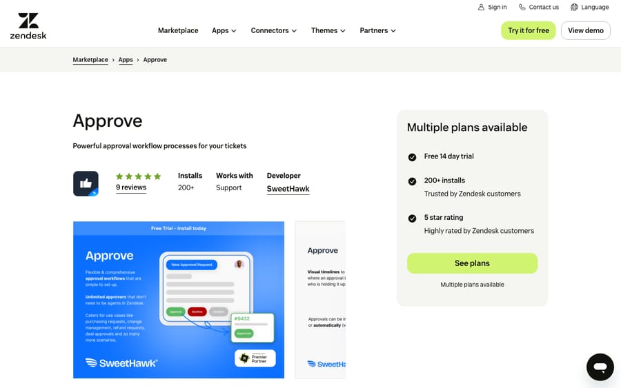 Approve's listing on the Zendesk Marketplace, captured October 29, 2026