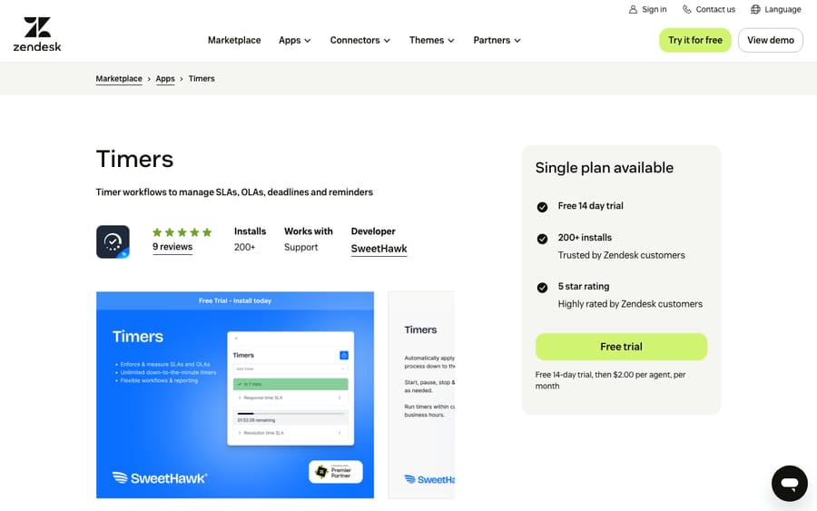 Timers' listing on the Zendesk Marketplace, captured October 29, 2026