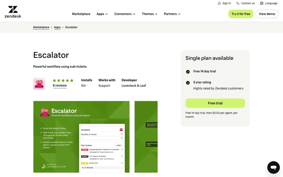 Escalator's listing on the Zendesk Marketplace, captured October 29, 2026
