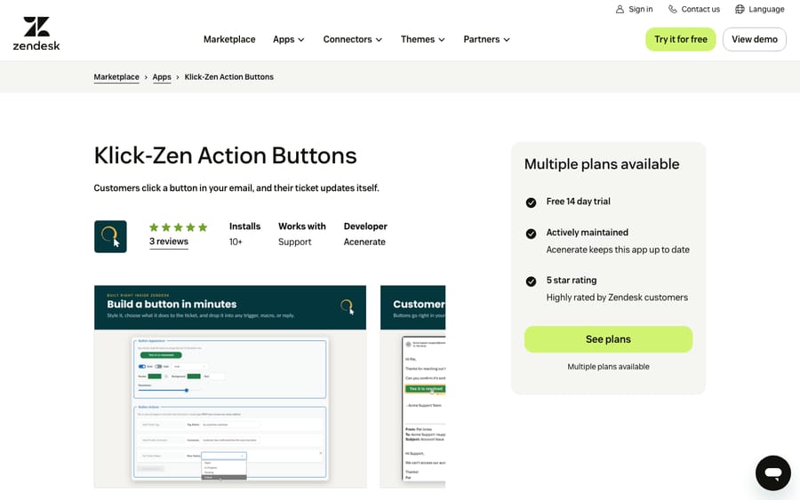 Klick-Zen Action Buttons' listing on the Zendesk Marketplace, captured October 29, 2026