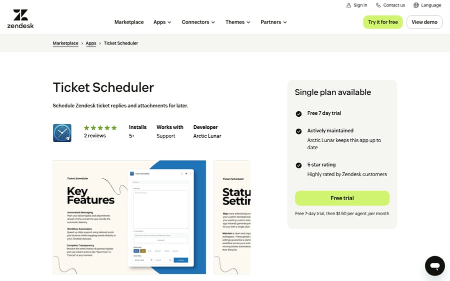 Ticket Scheduler's listing on the Zendesk Marketplace, captured October 29, 2026