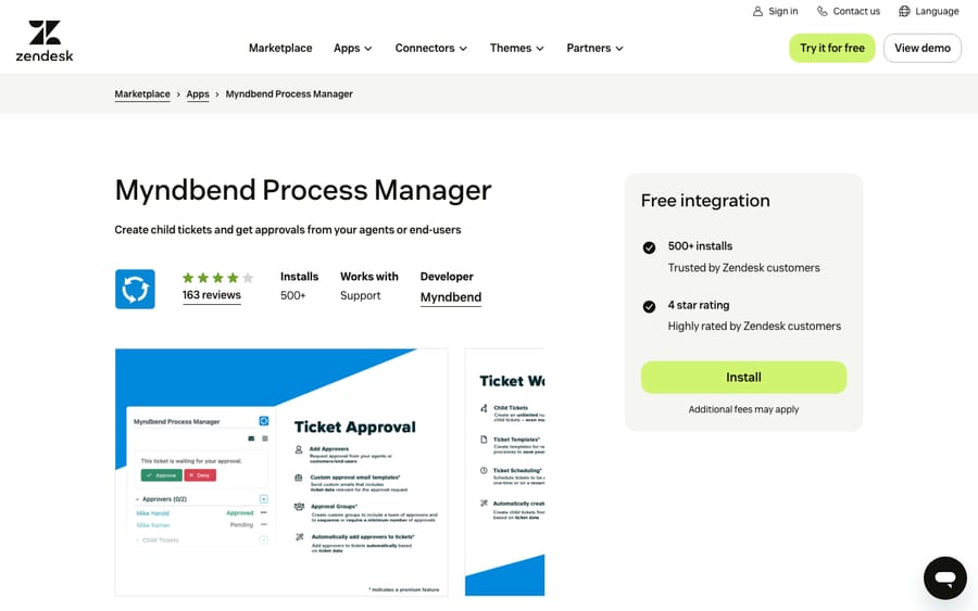 Myndbend Process Manager's listing on the Zendesk Marketplace, captured October 29, 2026