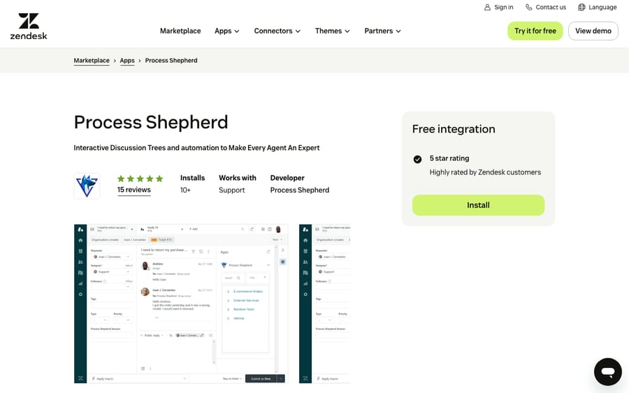 Process Shepherd's listing on the Zendesk Marketplace, captured October 29, 2026