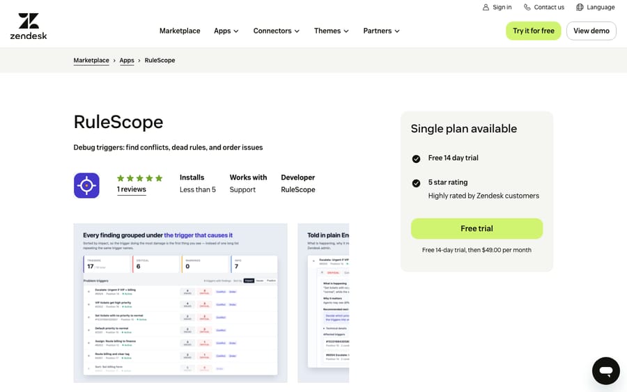 RuleScope's listing on the Zendesk Marketplace, captured October 29, 2026