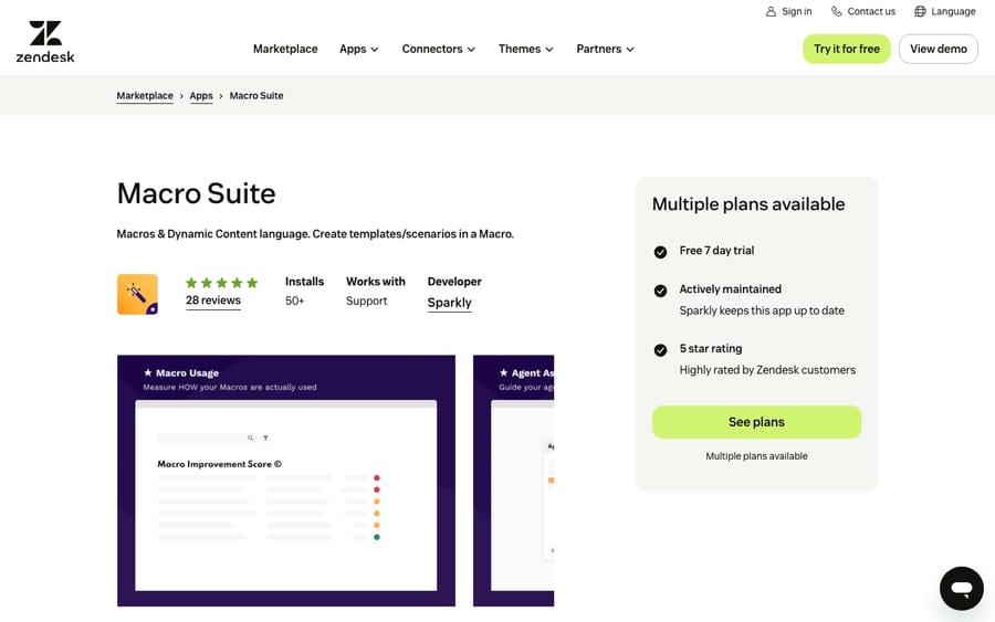 Macro Suite's listing on the Zendesk Marketplace, captured October 29, 2026