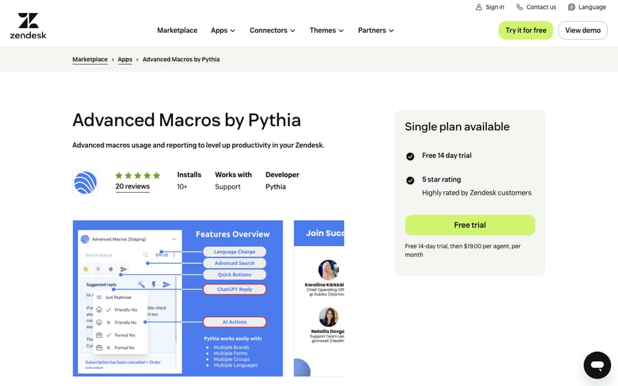 Advanced Macros by Pythia's listing on the Zendesk Marketplace, captured October 29, 2026