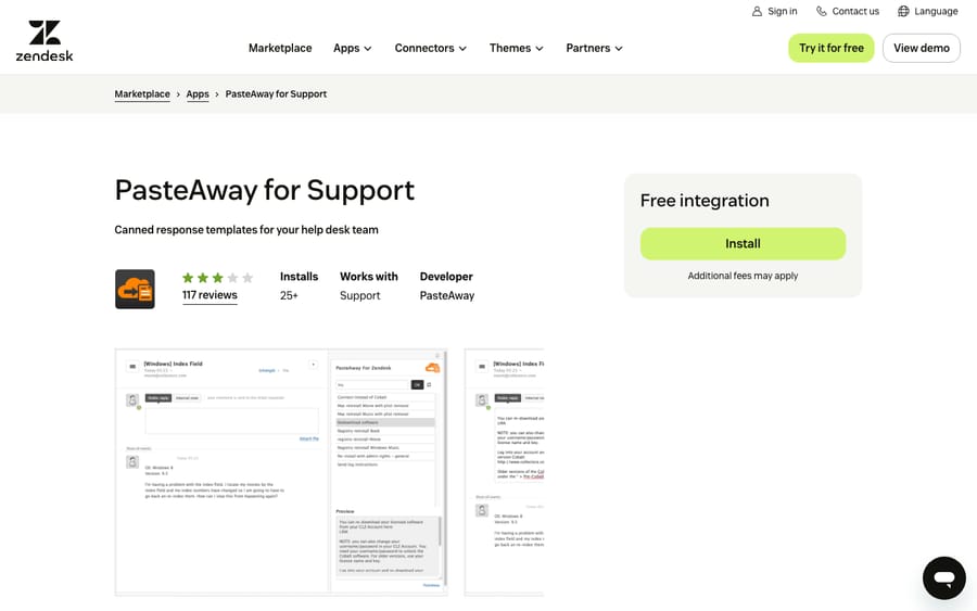 PasteAway for Support's listing on the Zendesk Marketplace, captured October 29, 2026