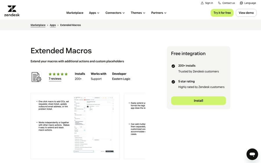 Extended Macros' listing on the Zendesk Marketplace, captured October 29, 2026