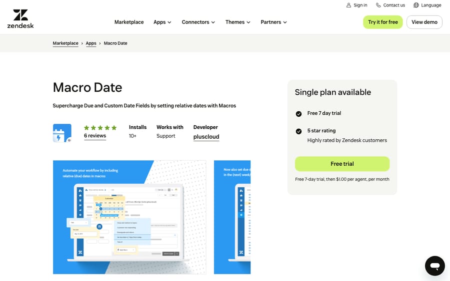 Macro Date's listing on the Zendesk Marketplace, captured October 29, 2026