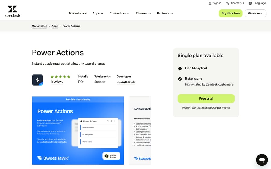 Power Actions' listing on the Zendesk Marketplace, captured October 29, 2026