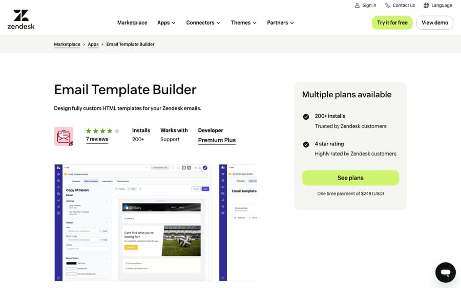 Email Template Builder's listing on the Zendesk Marketplace, captured October 29, 2026