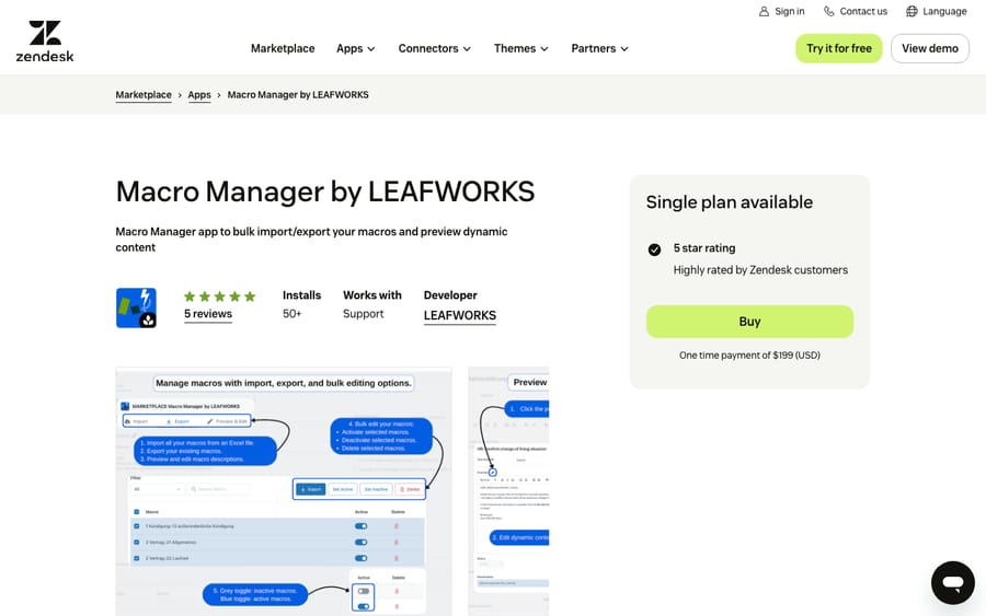 Macro Manager by LEAFWORKS' listing on the Zendesk Marketplace, captured October 29, 2026