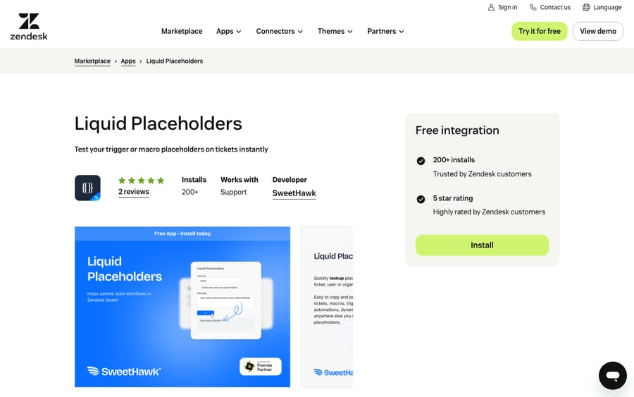 Liquid Placeholders' listing on the Zendesk Marketplace, captured October 29, 2026