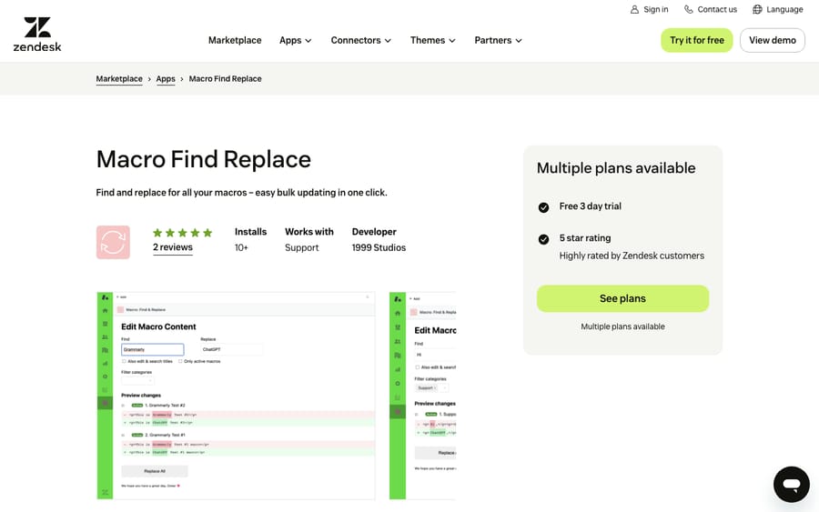 Macro: Find & Replace's listing on the Zendesk Marketplace, captured October 29, 2026