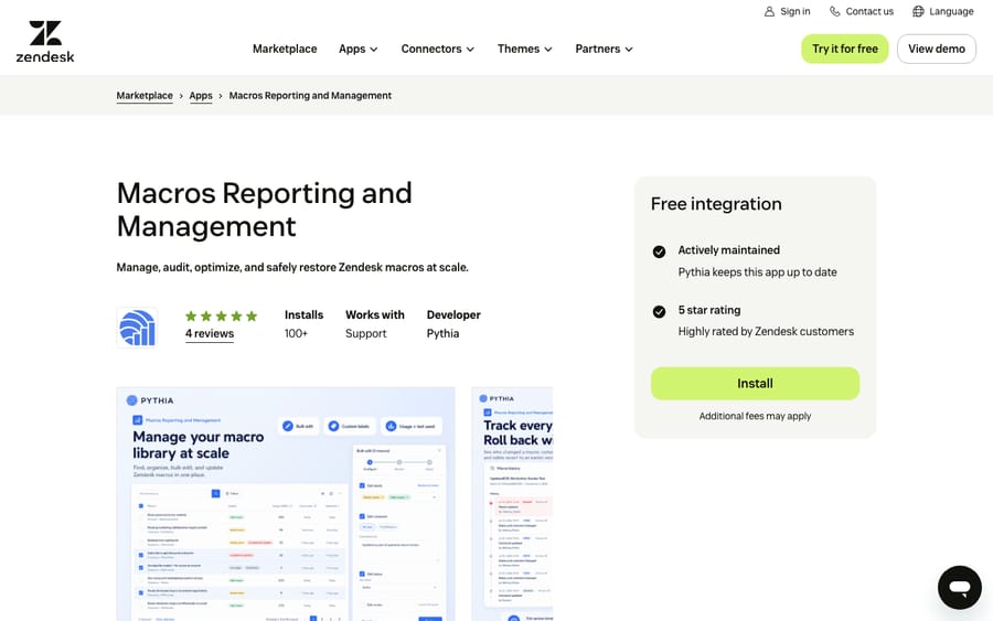 Macros Reporting and Management's listing on the Zendesk Marketplace, captured October 29, 2026