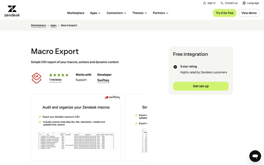 Macro Export's listing on the Zendesk Marketplace, captured October 29, 2026