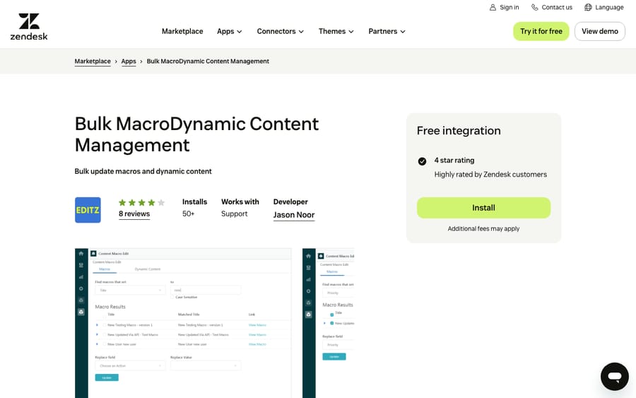 Bulk Macro/Dynamic Content Management's listing on the Zendesk Marketplace, captured October 29, 2026
