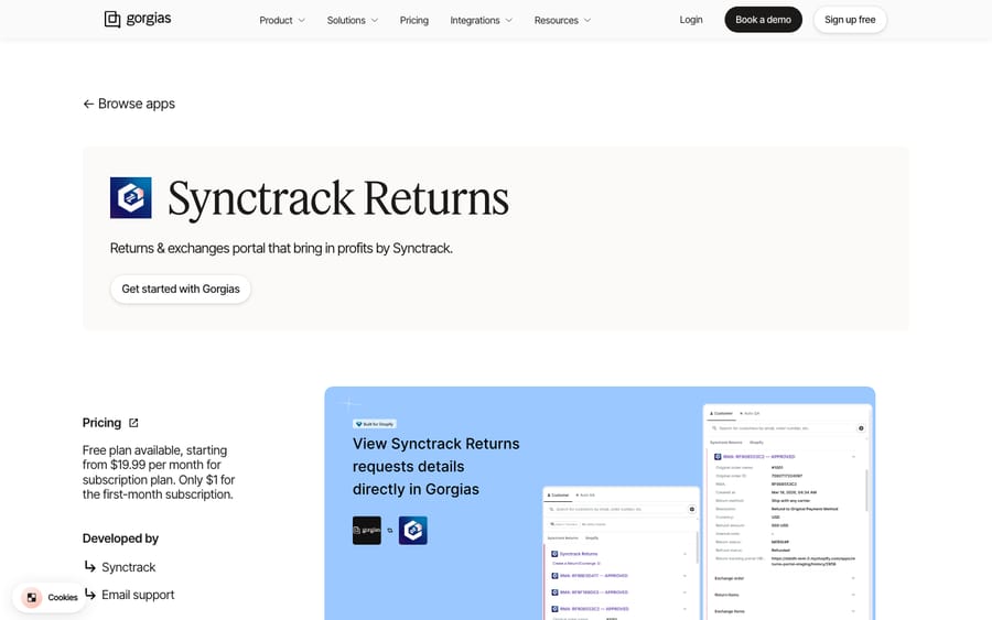 Synctrack Returns' listing on the Gorgias App Store, captured October 29, 2026