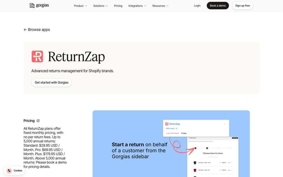 ReturnZap's listing on the Gorgias App Store, captured October 29, 2026