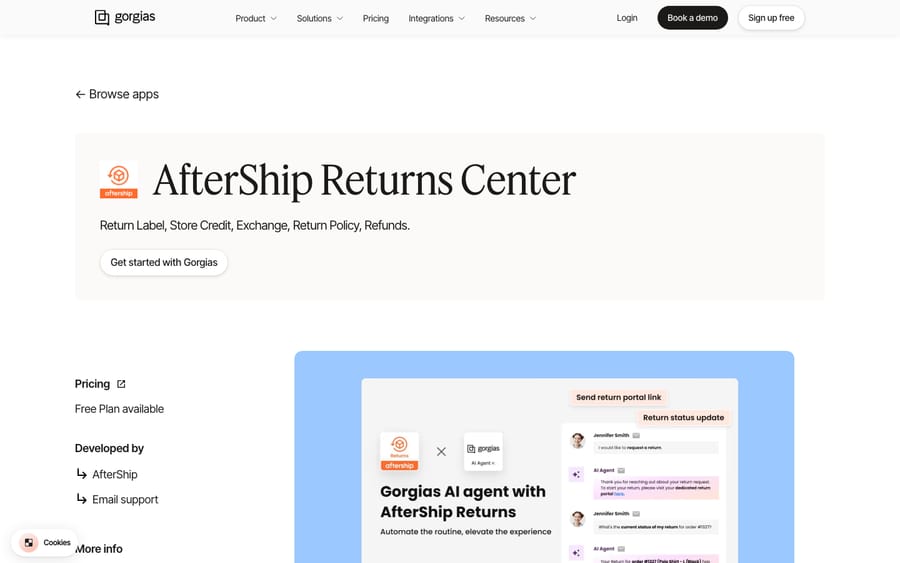 AfterShip Returns Center's listing on the Gorgias App Store, captured October 29, 2026
