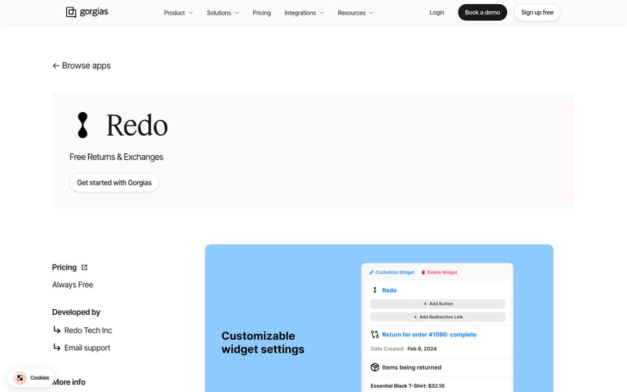 Redo's listing on the Gorgias App Store, captured October 29, 2026