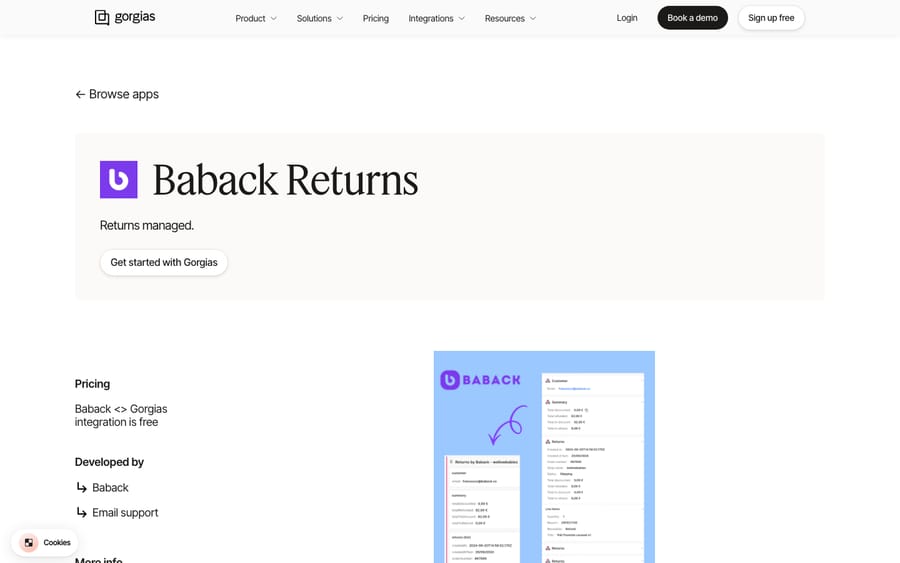 Baback Returns' listing on the Gorgias App Store, captured October 29, 2026