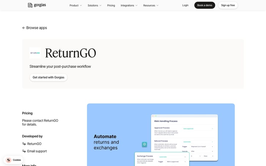 ReturnGO's listing on the Gorgias App Store, captured October 29, 2026