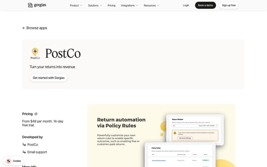 PostCo's listing on the Gorgias App Store, captured October 29, 2026