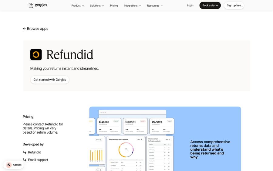Refundid's listing on the Gorgias App Store, captured October 29, 2026