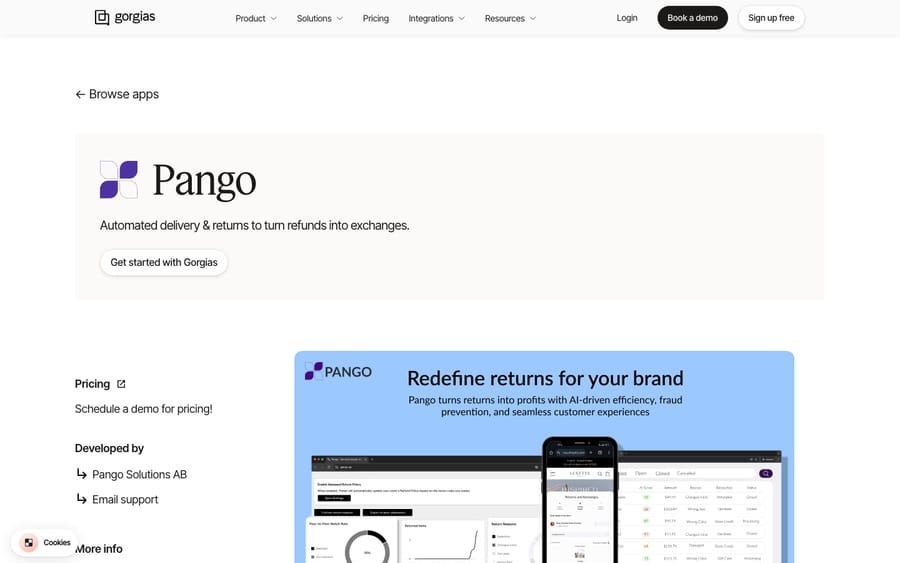Pango's listing on the Gorgias App Store, captured October 29, 2026